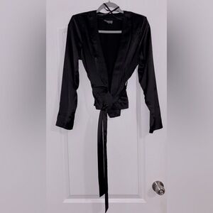 Bold Elements Black Satin Blazer with Tie Front Waist Sz S NWOT